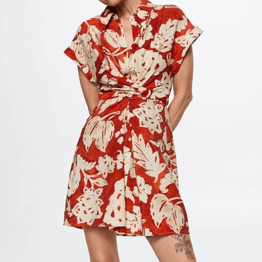 Mango Shirt Dress Floral Vacation Resort Tropical Hawaiian Boho Red Size XS